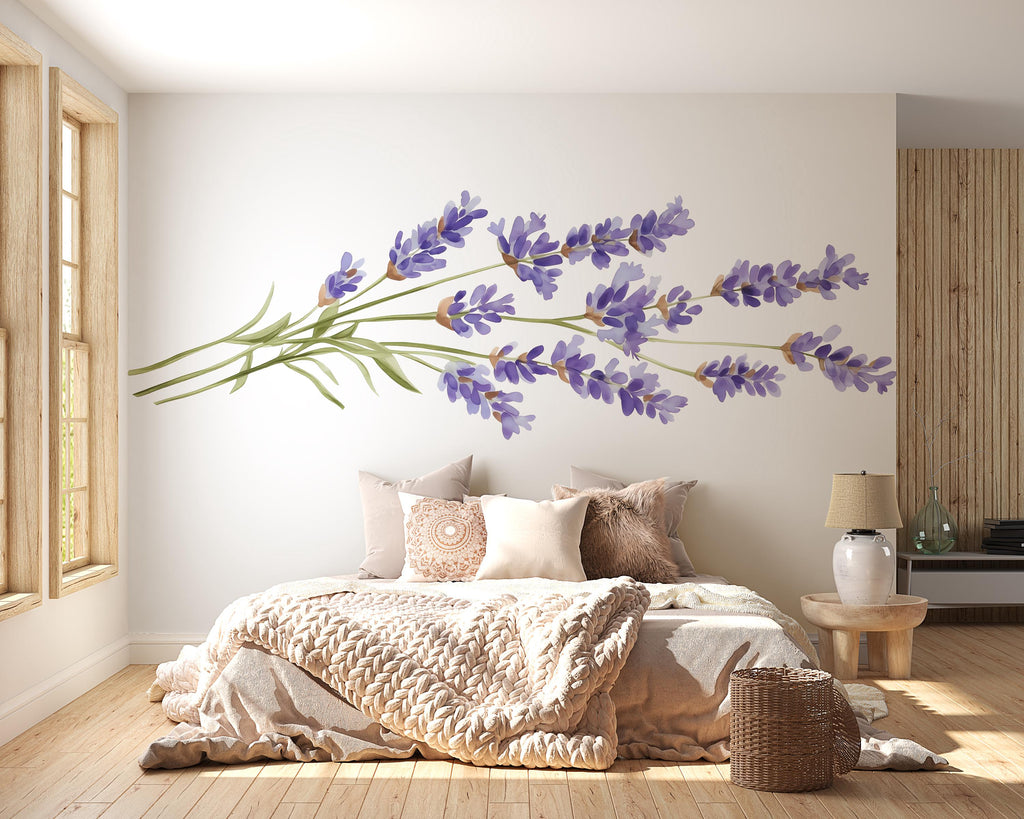 Lavender Wall Decal, Purple Floral Sticker, Botanical Wall Mural, Watercolor Flower Decor, Bedroom Accent Wall Art, Peel and Stick Floral