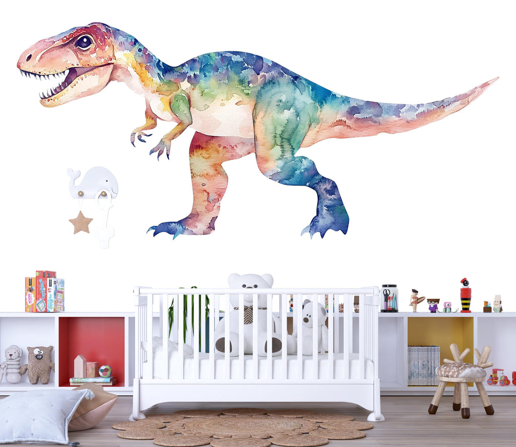 Watercolor Dinosaur Wall Decal | Colorful T-Rex Kids Wall Sticker | Nursery & Playroom Wall Art | Boys Room Decor | Large Removable Dinosaur
