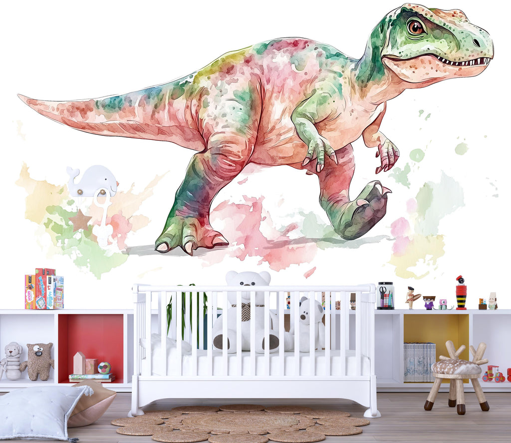 Watercolor Dinosaur Wall Decal | Colorful Kids Room Wall Sticker | Nursery Dino Mural | Large Removable T-Rex Art for Playroom & Baby Room