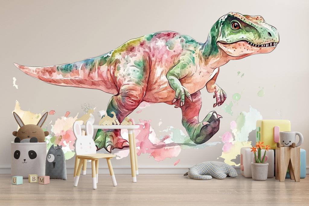 Watercolor Dinosaur Wall Decal | Colorful Kids Room Wall Sticker | Nursery Dino Mural | Large Removable T-Rex Art for Playroom & Baby Room