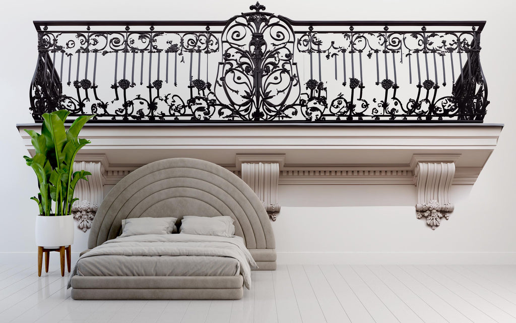 Ornate Balcony Wall Decal, 3D Architectural Wall Sticker, Luxury Iron Railing Mural, Elegant Bedroom Accent Decor, Peel and Stick Wall Art