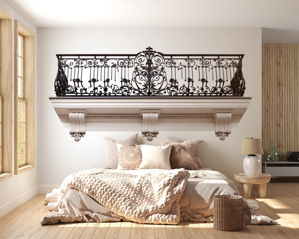 Ornate Balcony Wall Decal, 3D Architectural Wall Sticker, Luxury Iron Railing Mural, Elegant Bedroom Accent Decor, Peel and Stick Wall Art