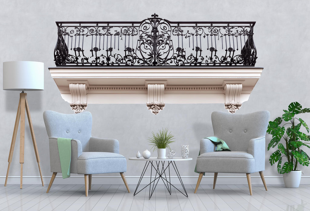 Ornate Balcony Wall Decal, 3D Architectural Wall Sticker, Luxury Iron Railing Mural, Elegant Bedroom Accent Decor, Peel and Stick Wall Art
