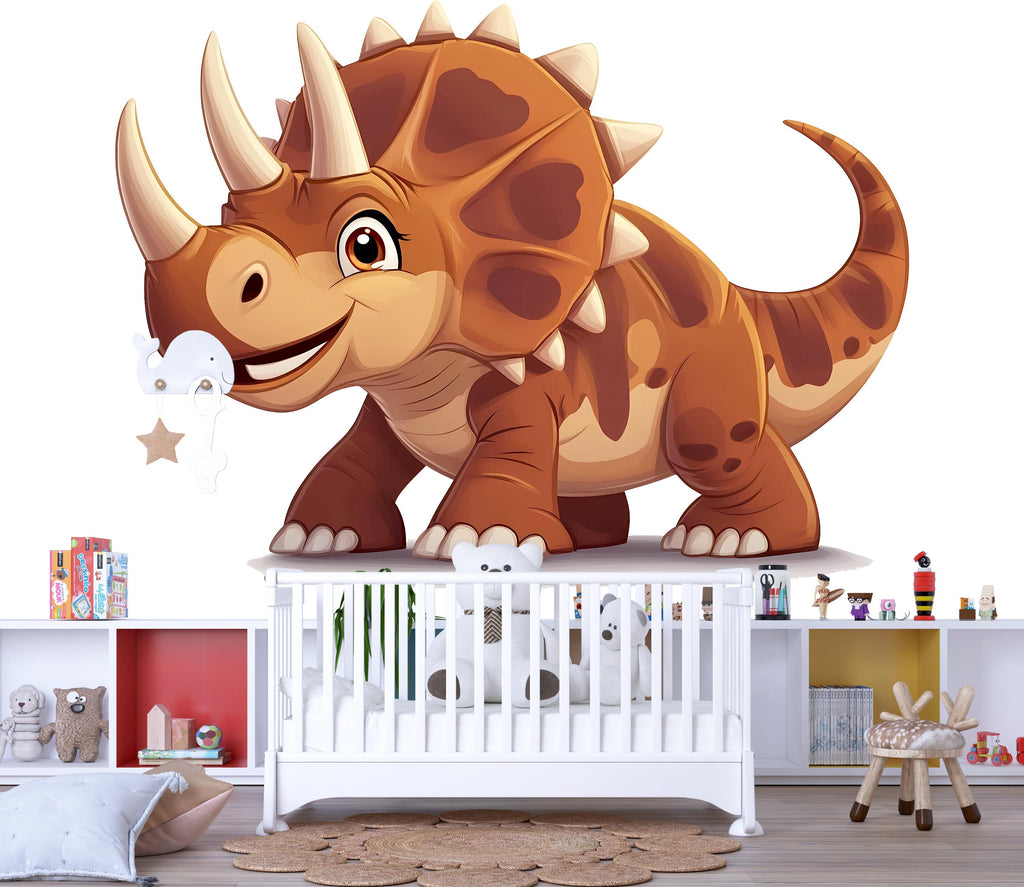 Cute Cartoon Dinosaur Wall Decal for Kids Room | Triceratops Nursery Wall Sticker | Large Removable Dino Mural for Boys Bedroom & Playroom