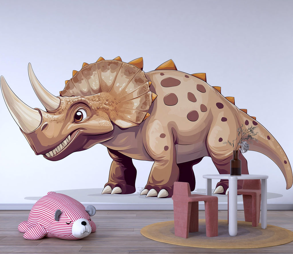 Cute Cartoon Dinosaur Wall Decal for Kids Room | Triceratops Nursery Wall Sticker | Large Removable Dino Mural for Boys Bedroom, Playroom