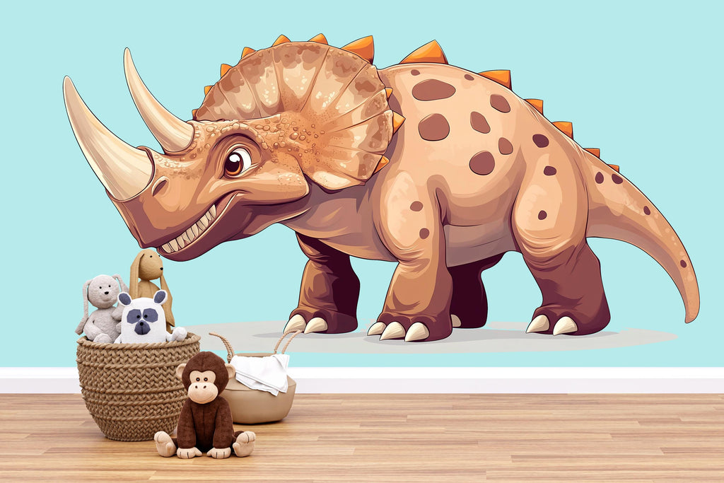 Cute Cartoon Dinosaur Wall Decal for Kids Room | Triceratops Nursery Wall Sticker | Large Removable Dino Mural for Boys Bedroom, Playroom