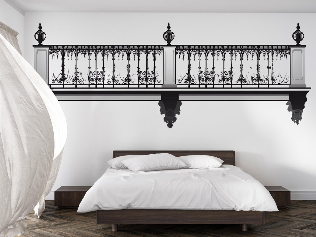 Elegant Balcony Wall Decal, Faux Iron Railing Wall Sticker, 3D Architectural Wall Mural, Luxury Bedroom Accent Decor, Peel & Stick Wall Art
