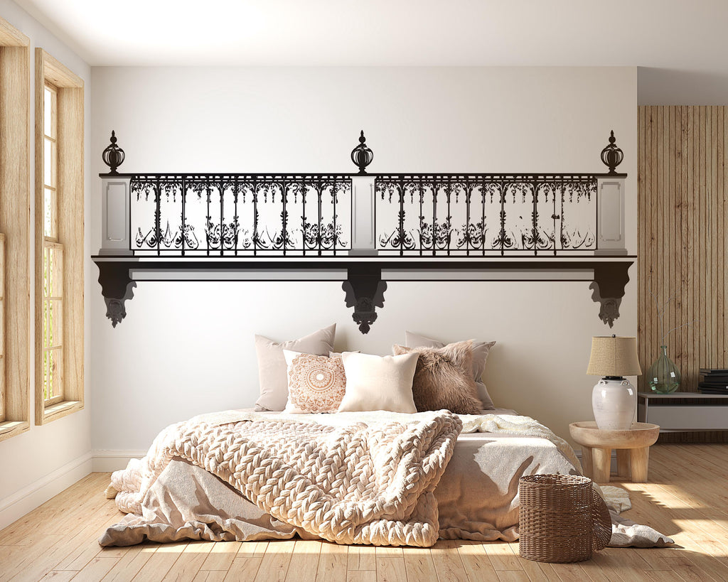 Elegant Balcony Wall Decal, Faux Iron Railing Wall Sticker, 3D Architectural Wall Mural, Luxury Bedroom Accent Decor, Peel & Stick Wall Art