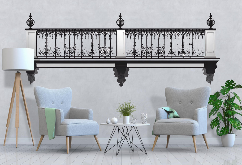 Elegant Balcony Wall Decal, Faux Iron Railing Wall Sticker, 3D Architectural Wall Mural, Luxury Bedroom Accent Decor, Peel & Stick Wall Art
