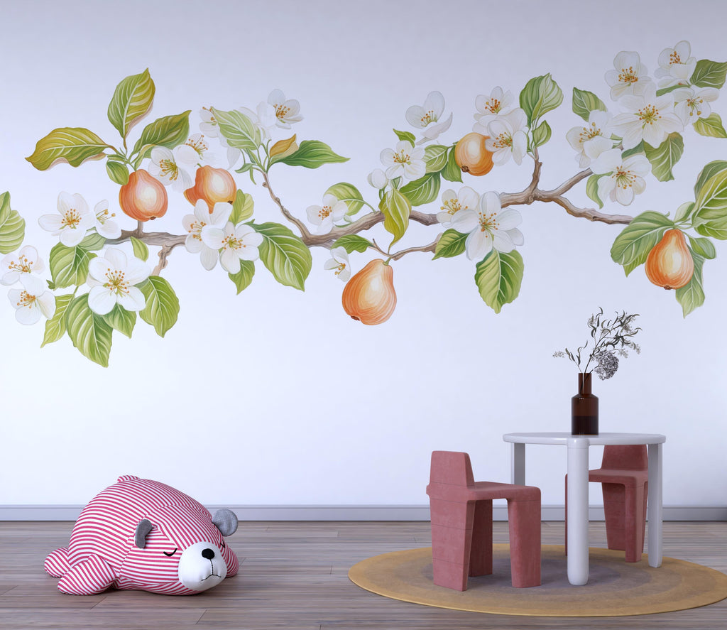Pear Blossom Wall Decal, Flowering Branch Wall Sticker, Nursery Fruit Tree Mural, Botanical Peel & Stick Wall Art, Kids Room Nature Decor