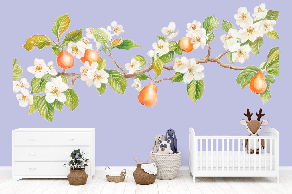 Pear Blossom Wall Decal, Flowering Branch Wall Sticker, Nursery Fruit Tree Mural, Botanical Peel & Stick Wall Art, Kids Room Nature Decor