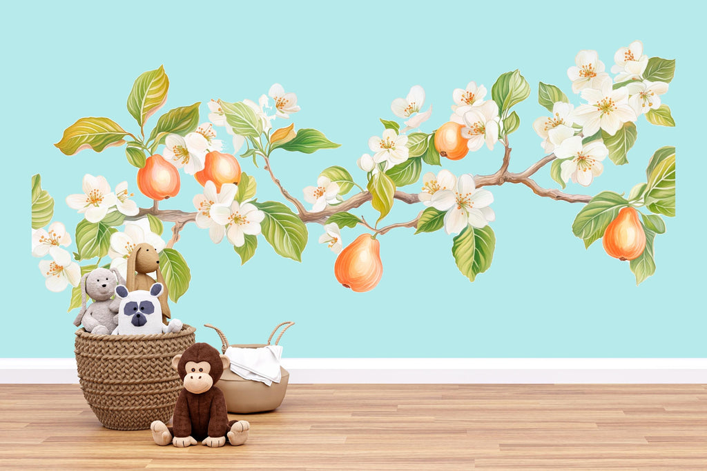 Pear Blossom Wall Decal, Flowering Branch Wall Sticker, Nursery Fruit Tree Mural, Botanical Peel & Stick Wall Art, Kids Room Nature Decor