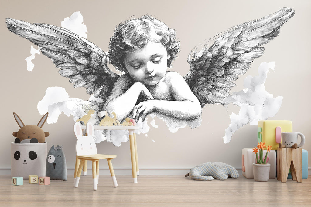 Sleeping Angel Wall Decal, Angel Wings Nursery Sticker, Baby Angel Wall Art, Guardian Angel Mural, Kids Room Peel & Stick Decor