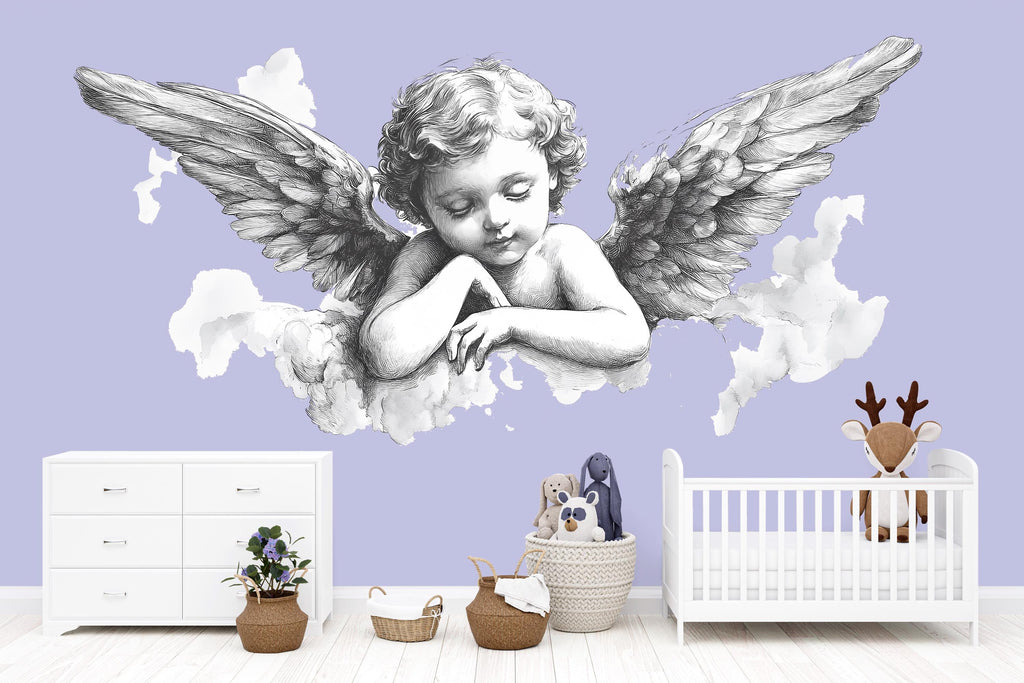 Sleeping Angel Wall Decal, Angel Wings Nursery Sticker, Baby Angel Wall Art, Guardian Angel Mural, Kids Room Peel & Stick Decor