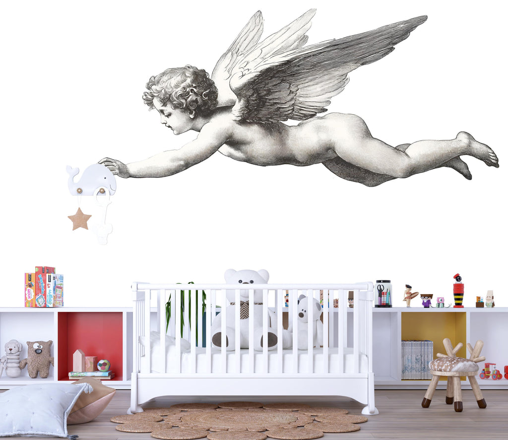Flying Angel Wall Decal • Vintage Cherub Mural • Nursery Wall Sticker • Baby Room Decor • Large Peel & Stick Angel Art • Kids Room Wall