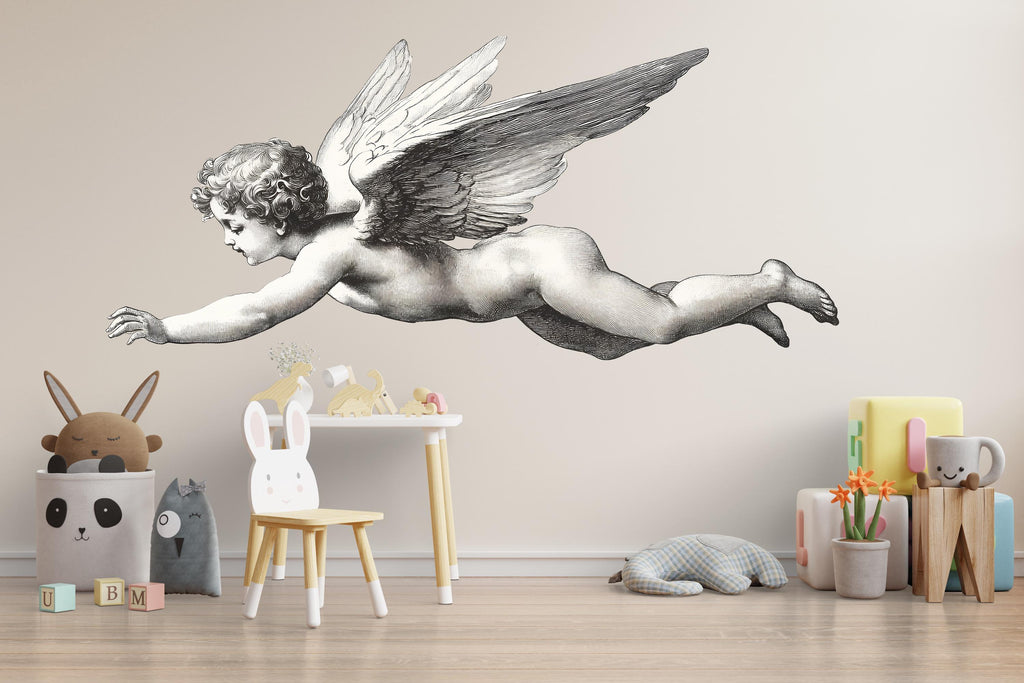 Flying Angel Wall Decal • Vintage Cherub Mural • Nursery Wall Sticker • Baby Room Decor • Large Peel & Stick Angel Art • Kids Room Wall