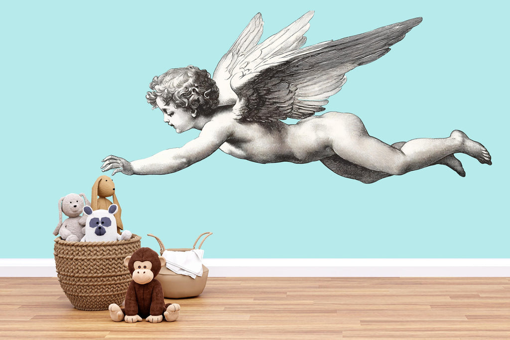Flying Angel Wall Decal • Vintage Cherub Mural • Nursery Wall Sticker • Baby Room Decor • Large Peel & Stick Angel Art • Kids Room Wall