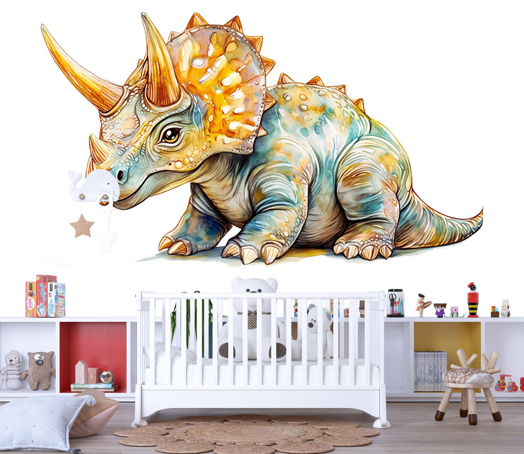 Watercolor Triceratops Dinosaur Wall Decal | Kids Dino Wall Sticker | Nursery Wall Decor | Removable Dinosaur Mural for Boys & Girls Rooms