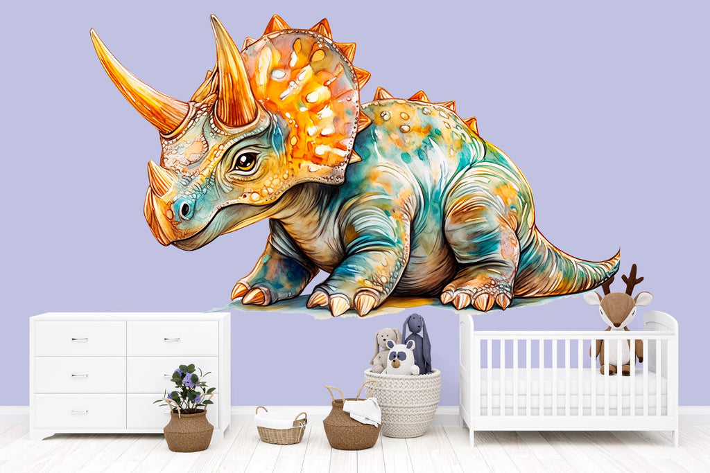 Watercolor Triceratops Dinosaur Wall Decal | Kids Dino Wall Sticker | Nursery Wall Decor | Removable Dinosaur Mural for Boys & Girls Rooms