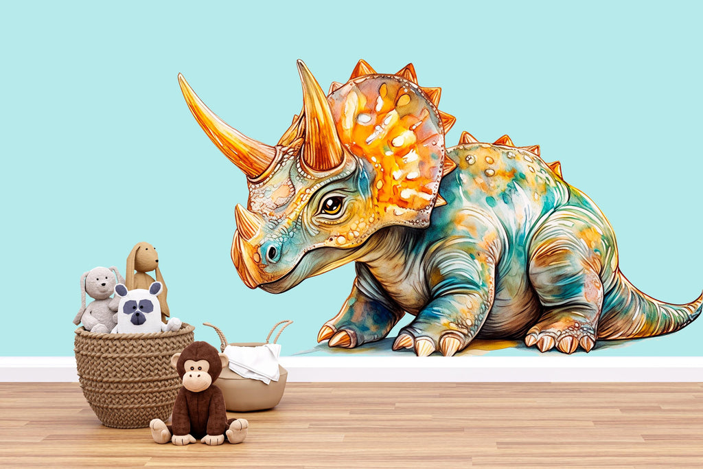 Watercolor Triceratops Dinosaur Wall Decal | Kids Dino Wall Sticker | Nursery Wall Decor | Removable Dinosaur Mural for Boys & Girls Rooms