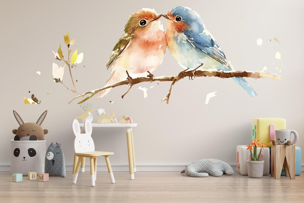 Watercolor Birds Wall Decal • Kissing Birds Wall Sticker • Nursery Bird Mural • Cute Animal Wall Art • Kids Room Decor • Peel & Stick Decal