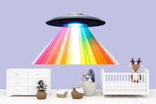Load image into Gallery viewer, Rainbow UFO Wall Decal | Kids Space Wall Sticker | Alien Spaceship Nursery Decor | Removable Sci-Fi Wall Mural | Colorful Galaxy Beam Art