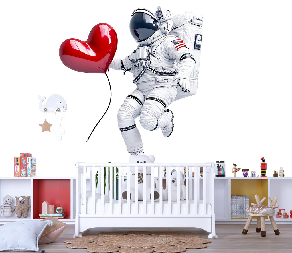 Astronaut Heart Balloon Wall Decal | Space Kids Room Sticker | Cute Floating Astronaut Nursery Decor | Removable Space Wall Art | Playroom