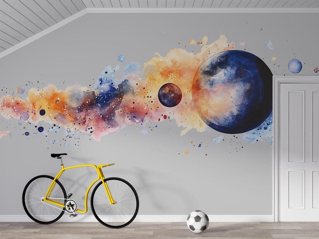Watercolor Space Planet Wall Decal | Galaxy Kids Room Sticker | Colorful Space Mural for Boys Bedroom | Outer Space Wall Art