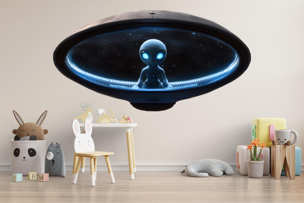 Cute Blue Alien Spaceship Wall Decal | Glowing UFO Kids Room Sticker | Space Nursery Decor | Sci-Fi Wall Art for Playroom & Bedroom