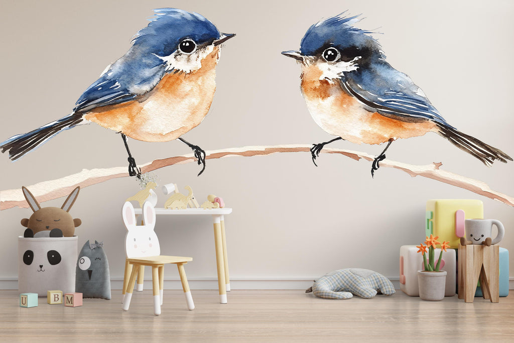 Watercolor Birds Wall Decal • Blue Bird Nursery Wall Sticker • Baby Room Wall Mural • Kids Room Decor • Bird Branch Peel & Stick Decal