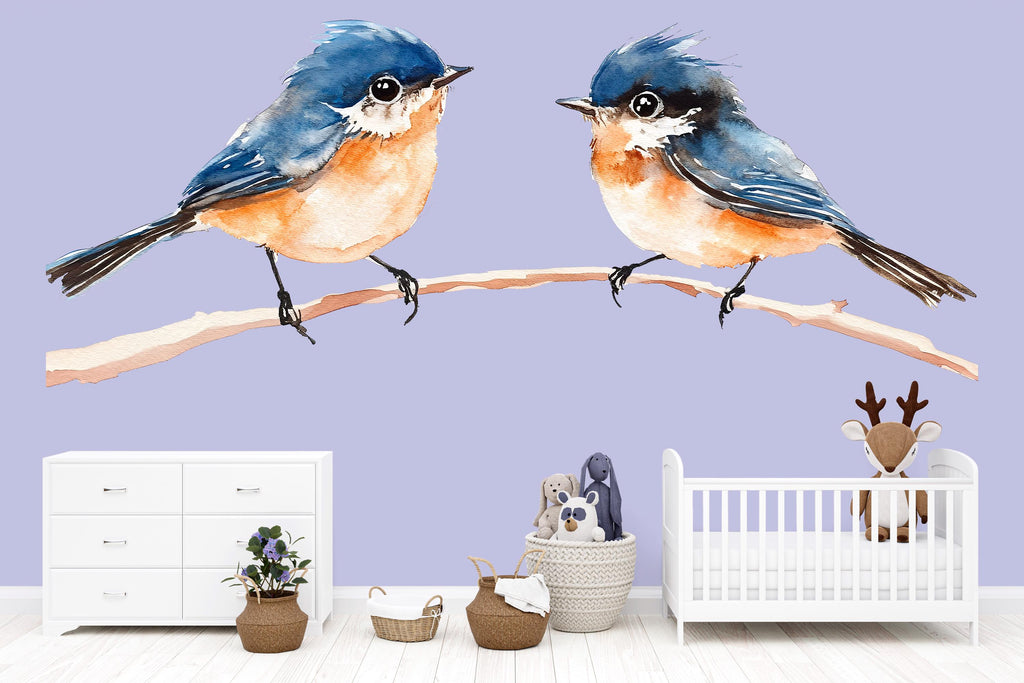 Watercolor Birds Wall Decal • Blue Bird Nursery Wall Sticker • Baby Room Wall Mural • Kids Room Decor • Bird Branch Peel & Stick Decal