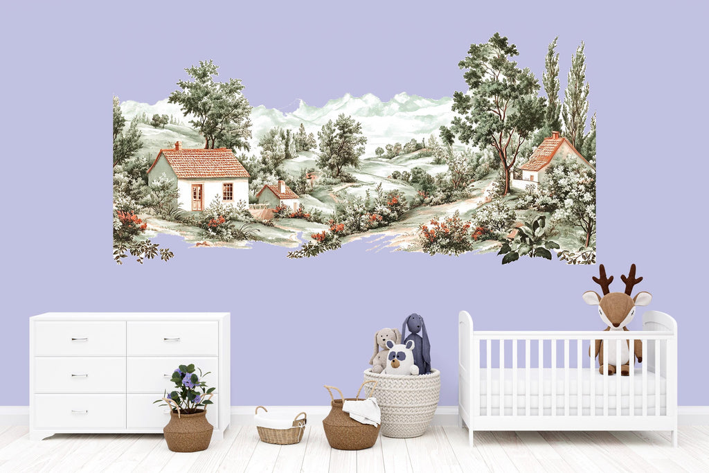 Vintage Countryside Cottage Wall Decal • Scenic Landscape Wall Sticker • Large Pastoral Mural for Nursery, Kids Room, Bedroom Home Decor