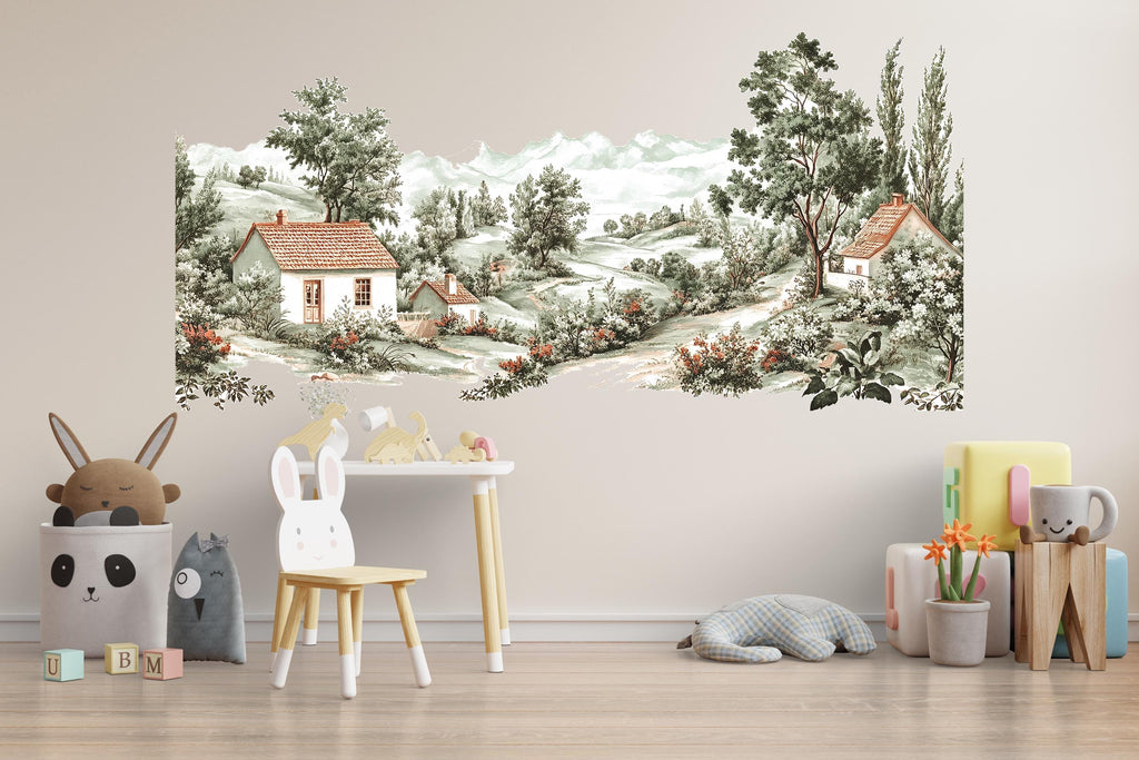 Vintage Countryside Cottage Wall Decal • Scenic Landscape Wall Sticker • Large Pastoral Mural for Nursery, Kids Room, Bedroom Home Decor
