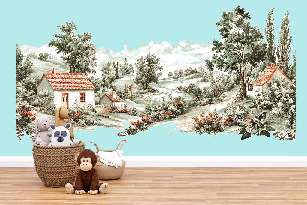 Vintage Countryside Cottage Wall Decal • Scenic Landscape Wall Sticker • Large Pastoral Mural for Nursery, Kids Room, Bedroom Home Decor