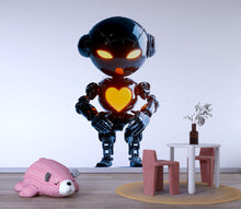 Load image into Gallery viewer, Glossy Black Robot Wall Decal With Glowing Heart | Futuristic Kids Room Sticker | Cute Sci-Fi Nursery Decor | Removable Modern Robot Mural
