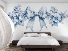 Load image into Gallery viewer, Large Blue Bow Floral Wall Decal • Elegant Watercolor Flower Wall Sticker for Bedroom &amp; Nursery • Oversized Mural • Removable Home Decor