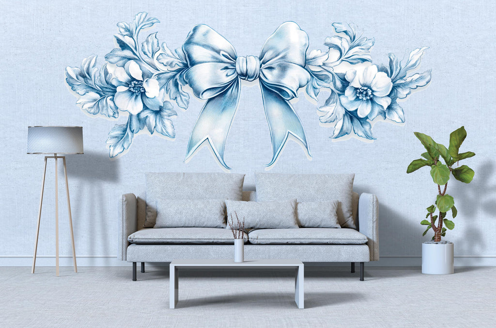 Large Blue Bow Floral Wall Decal • Elegant Watercolor Flower Wall Sticker for Bedroom & Nursery • Oversized Mural • Removable Home Decor