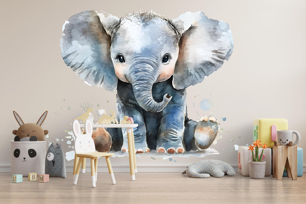 Watercolor Baby Elephant Wall Decal | Nursery Animal Sticker | Cute Safari Baby Room Decor | Removable Wall Art for Crib Area
