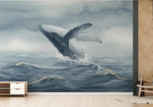Load image into Gallery viewer, Watercolor Whale Wallpaper Mural, Misty Ocean Wall Art in Blue Gray, Elegant Coastal Decor with Gold Accents, Large-Scale Sea Mural 1014RS