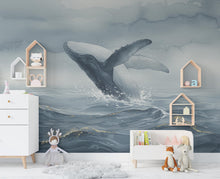 Load image into Gallery viewer, Watercolor Whale Wallpaper Mural, Misty Ocean Wall Art in Blue Gray, Elegant Coastal Decor with Gold Accents, Large-Scale Sea Mural 1014RS