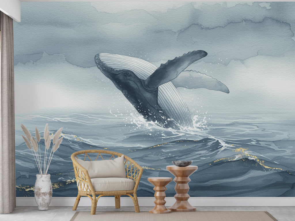 Watercolor Whale Wallpaper Mural, Misty Ocean Wall Art in Blue Gray, Elegant Coastal Decor with Gold Accents, Large-Scale Sea Mural 1014RS