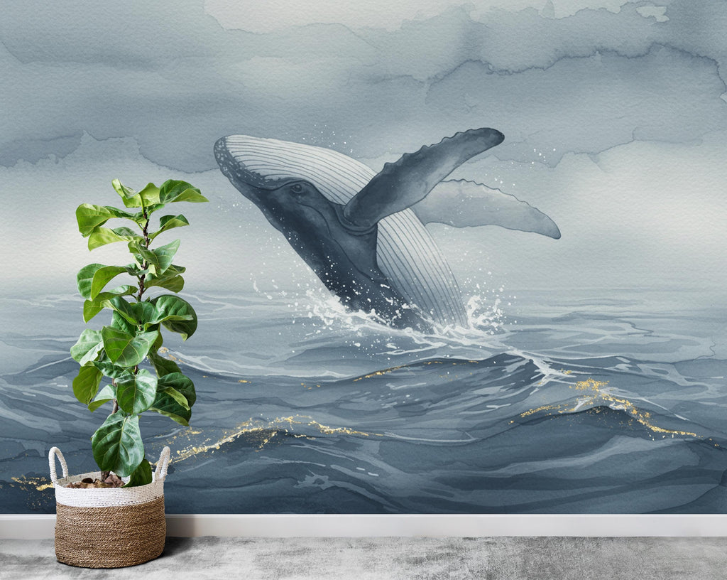 Watercolor Whale Wallpaper Mural, Misty Ocean Wall Art in Blue Gray, Elegant Coastal Decor with Gold Accents, Large-Scale Sea Mural 1014RS