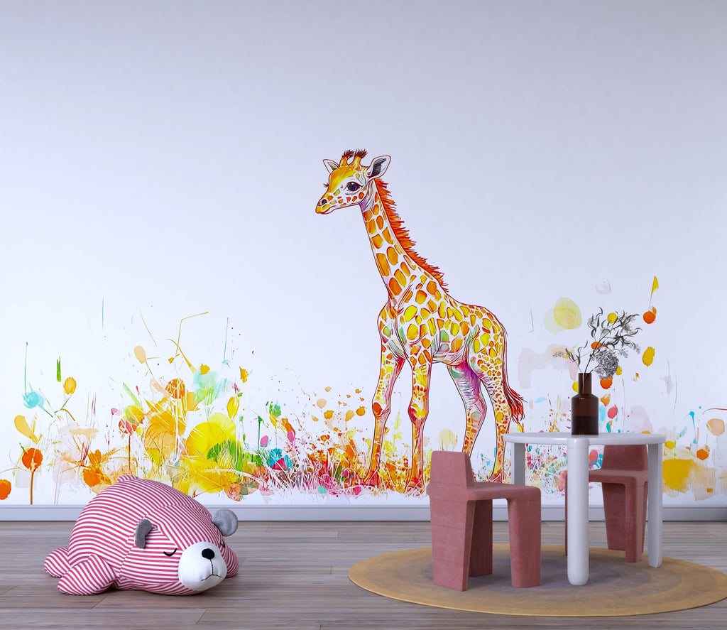 Colorful Baby Giraffe Wall Decal | Watercolor Safari Nursery Sticker | Vibrant Kids Room Wall Art | Removable Giraffe Mural for Baby Bedroom
