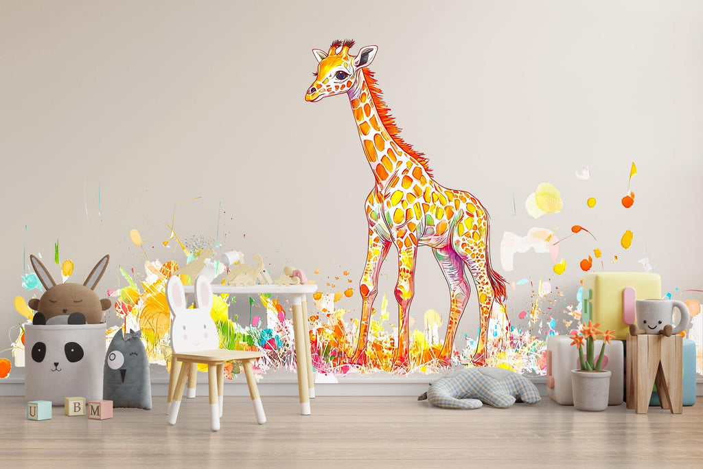 Colorful Baby Giraffe Wall Decal | Watercolor Safari Nursery Sticker | Vibrant Kids Room Wall Art | Removable Giraffe Mural for Baby Bedroom