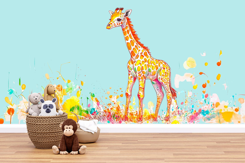 Colorful Baby Giraffe Wall Decal | Watercolor Safari Nursery Sticker | Vibrant Kids Room Wall Art | Removable Giraffe Mural for Baby Bedroom