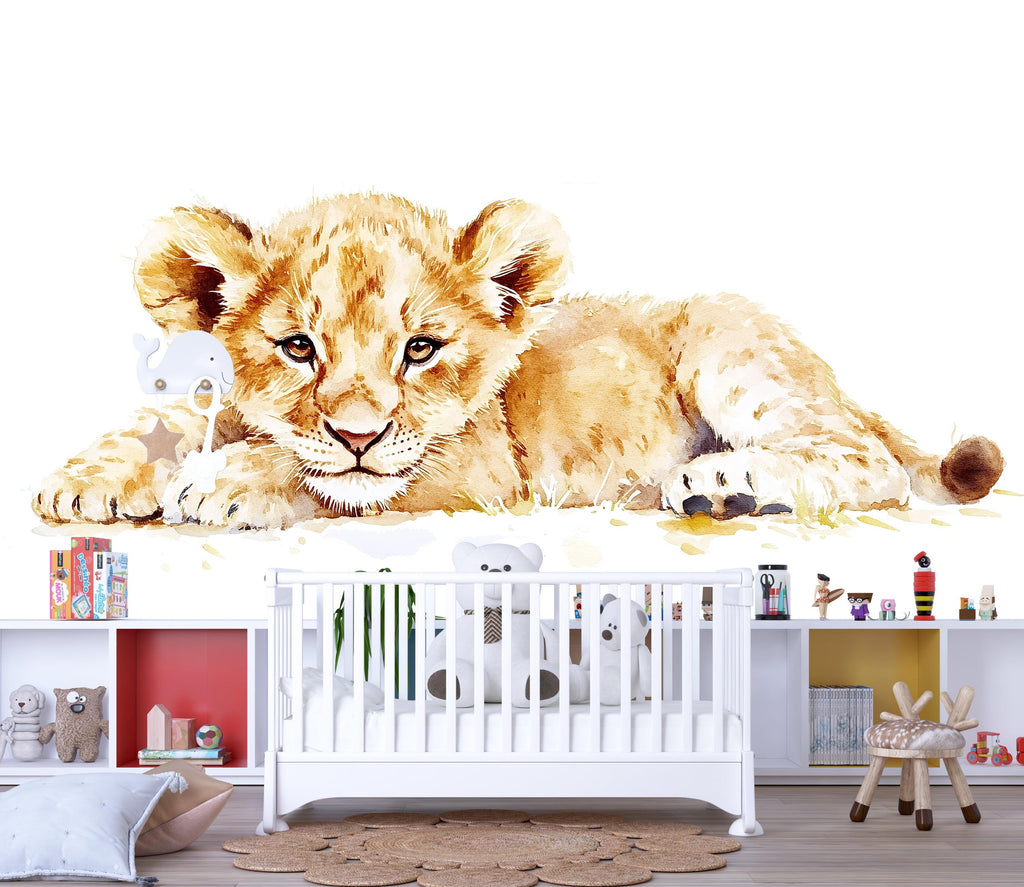 Baby Lion Cub Wall Decal | Safari Nursery Wall Sticker | Watercolor Animal Mural for Baby Room | Jungle Kids Room Decor | Removable Nursery