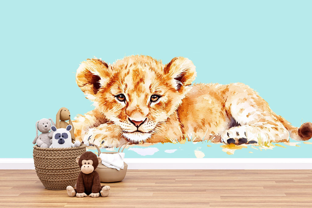 Baby Lion Cub Wall Decal | Safari Nursery Wall Sticker | Watercolor Animal Mural for Baby Room | Jungle Kids Room Decor | Removable Nursery