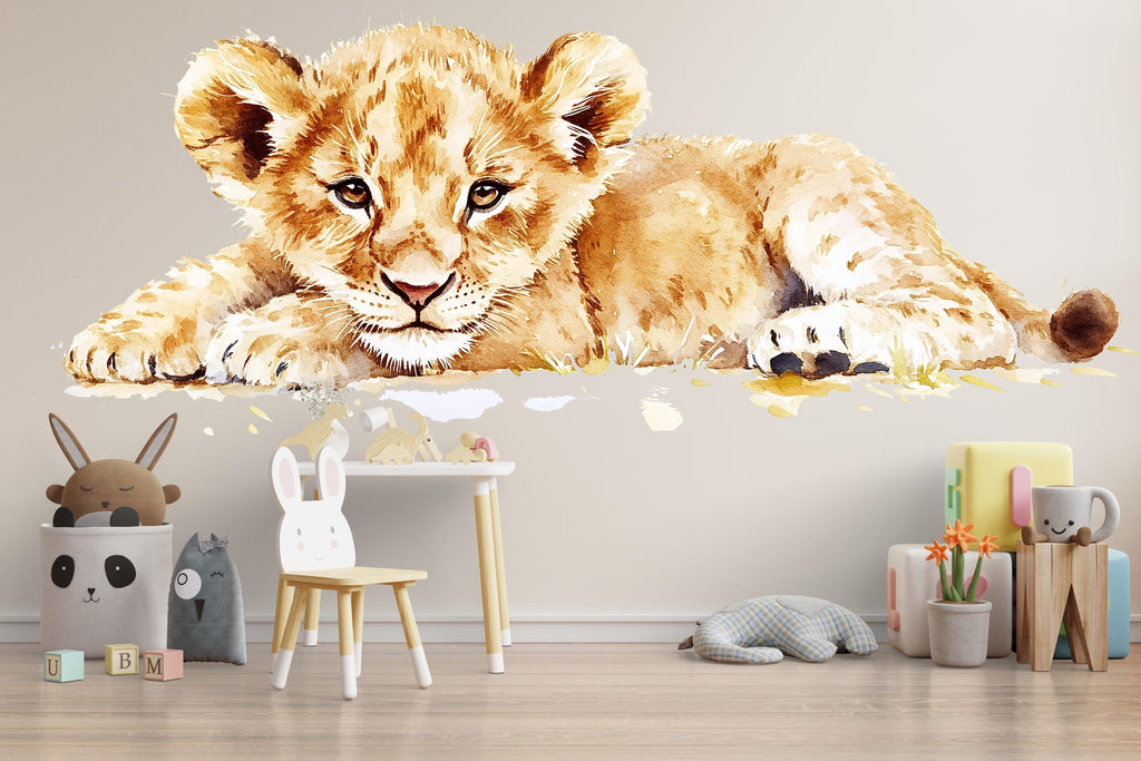 Baby Lion Cub Wall Decal | Safari Nursery Wall Sticker | Watercolor Animal Mural for Baby Room | Jungle Kids Room Decor | Removable Nursery
