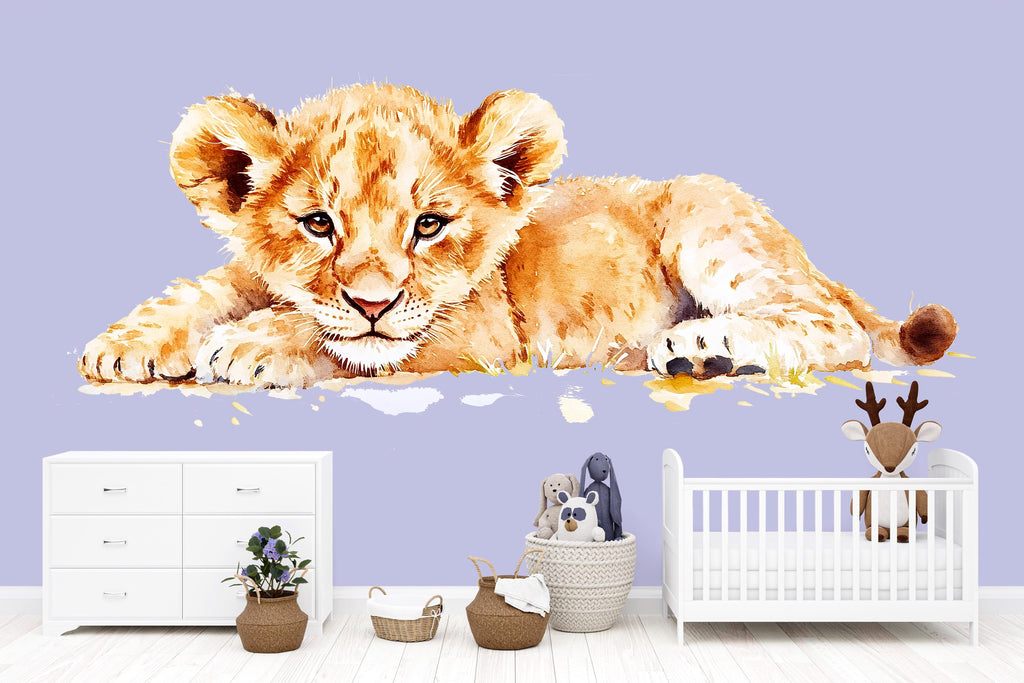 Baby Lion Cub Wall Decal | Safari Nursery Wall Sticker | Watercolor Animal Mural for Baby Room | Jungle Kids Room Decor | Removable Nursery