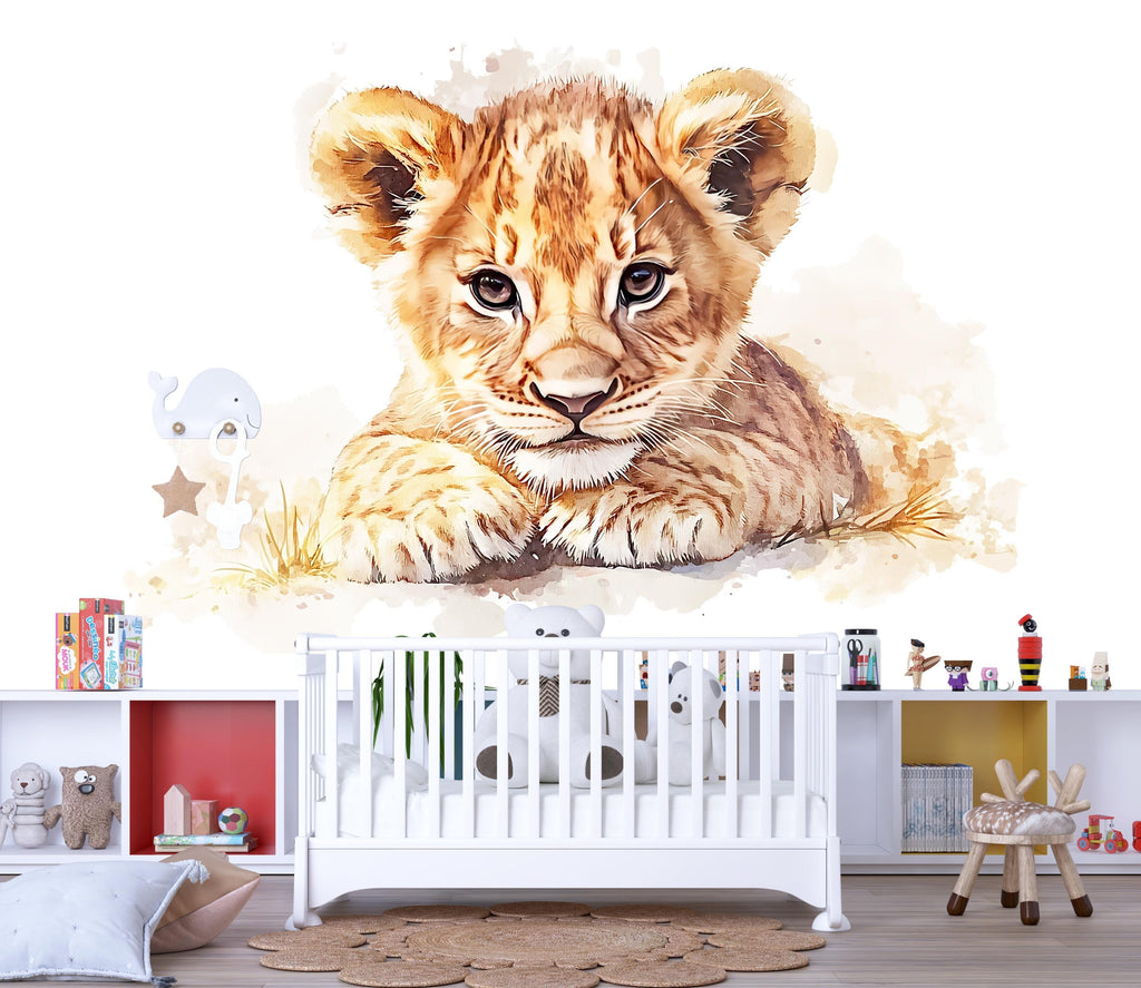 Watercolor Baby Lion Wall Decal | Safari Nursery Wall Sticker | Jungle Animal Mural for Baby Room | Kids Room Decor